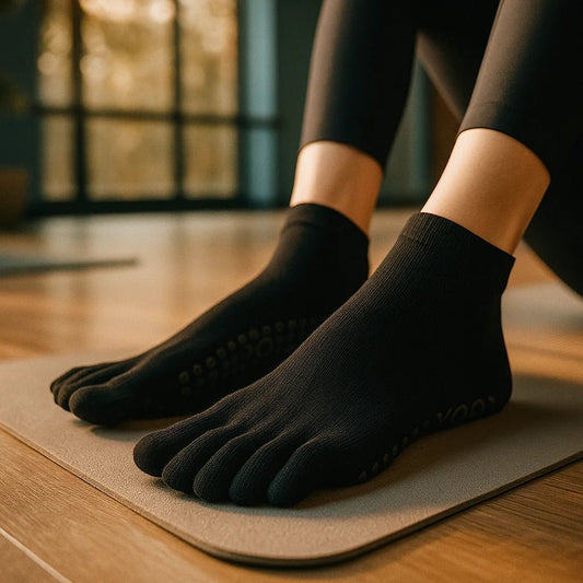 Detalle suela silicona antideslizante calcetines yoga pilates mujer 5 dedos negro – Portalyoga Chile