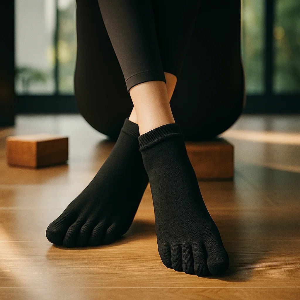 Calcetines yoga pilates mujer 5 dedos antideslizantes negro suela silicona talla 35-41 – Portalyoga Chile