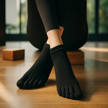 Calcetines yoga pilates mujer 5 dedos antideslizantes negro suela silicona talla 35-41 – Portalyoga Chile