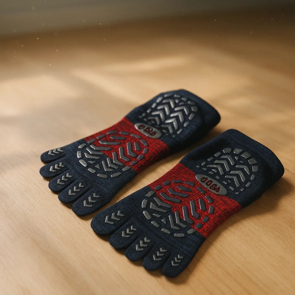 Detalle suela antideslizante calcetines yoga hombre 5 dedos azul – agarre en mat y piso liso