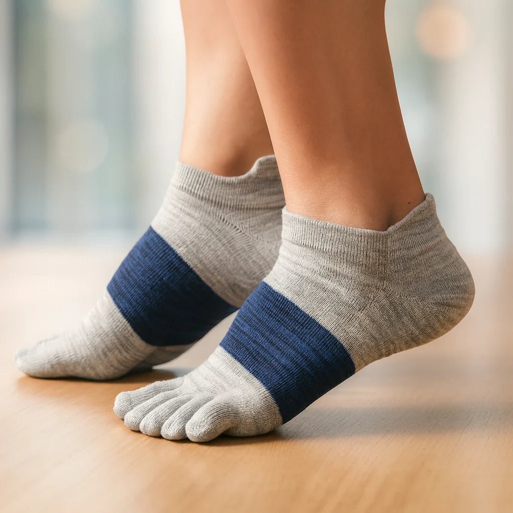 Detalle suela antideslizante calcetines yoga hombre 5 dedos gris – agarre en mat y piso liso