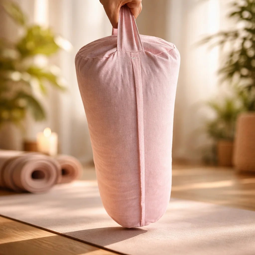 Cojín de meditación cilíndrico rosado de lino con asa de transporte.