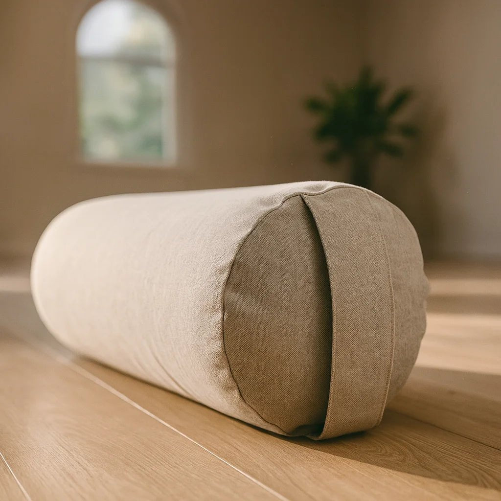 Bolster de yoga gris para relajación profunda y soporte lumbar.