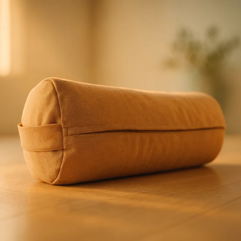 Bolster de yoga profesional en lino afelpado beige para soporte lumbar.
