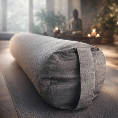Bolster de yoga profesional negro para yoga restaurativo y yin yoga.