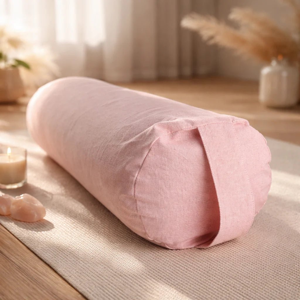 Bolster de yoga profesional rosado para soporte lumbar y apertura de pecho.