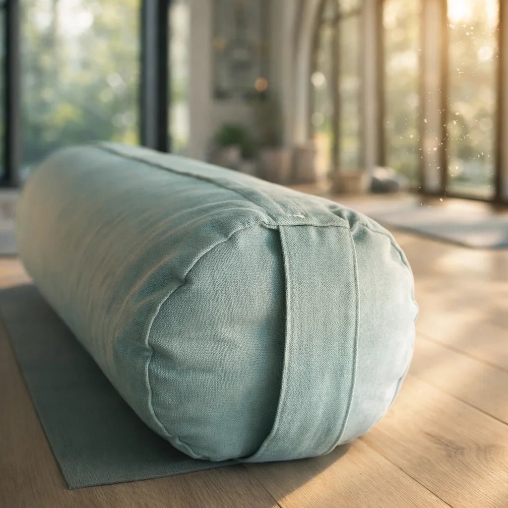 Bolster de yoga profesional verde agua para soporte lumbar y relajación.