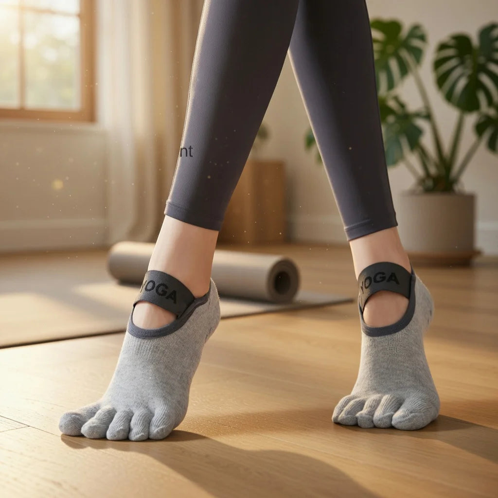 Calcetines de yoga con dedos independientes gris antideslizantes profesionales.