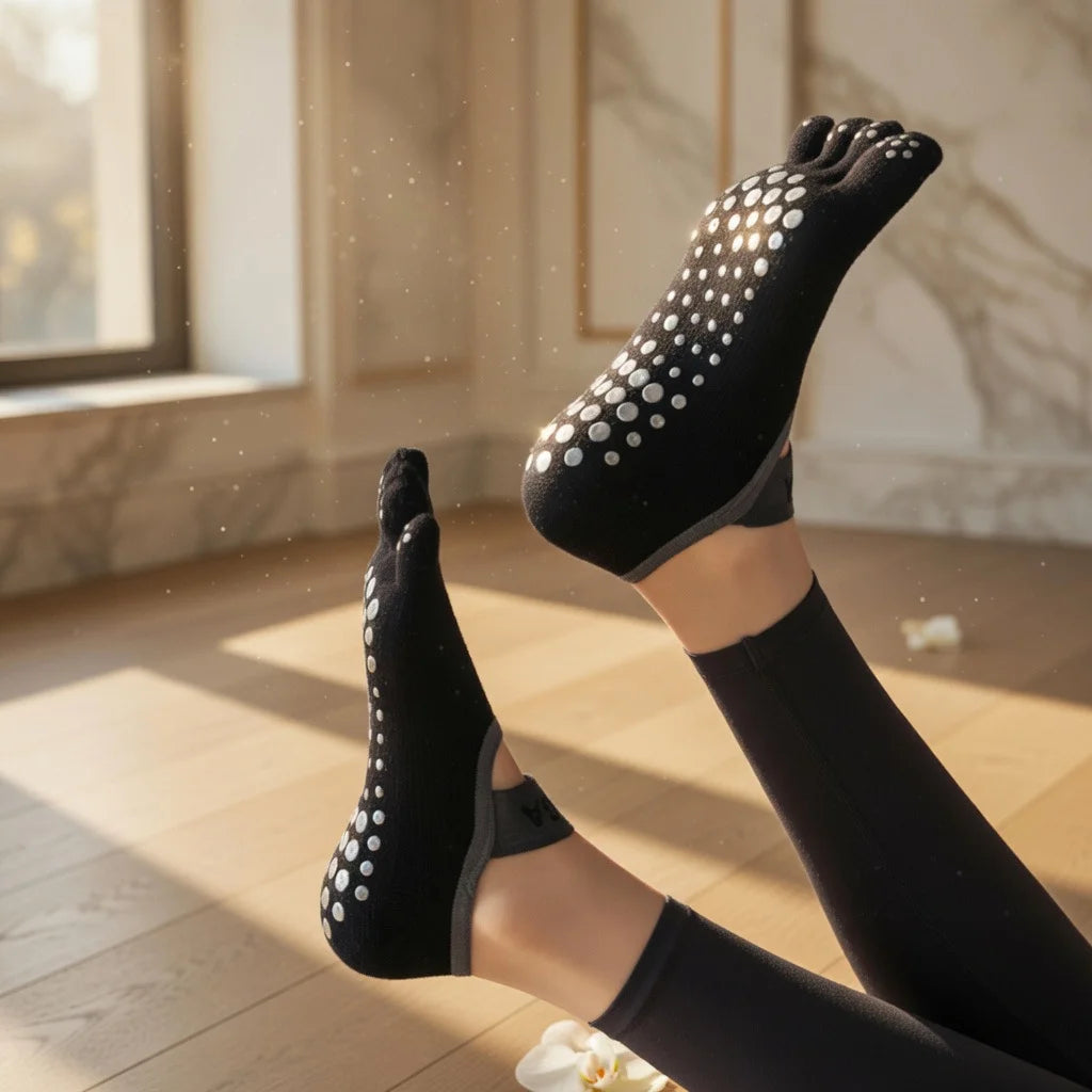 Calcetines de yoga con dedos independientes negros antideslizantes profesionales.