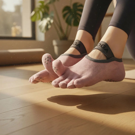 Calcetines de yoga con dedos independientes rosados antideslizantes.