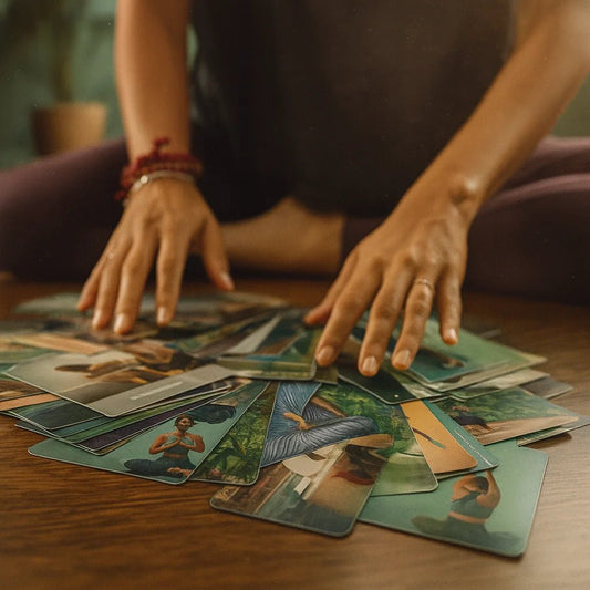 Flashcards de yoga con posturas en sánscrito y beneficios terapéuticos.