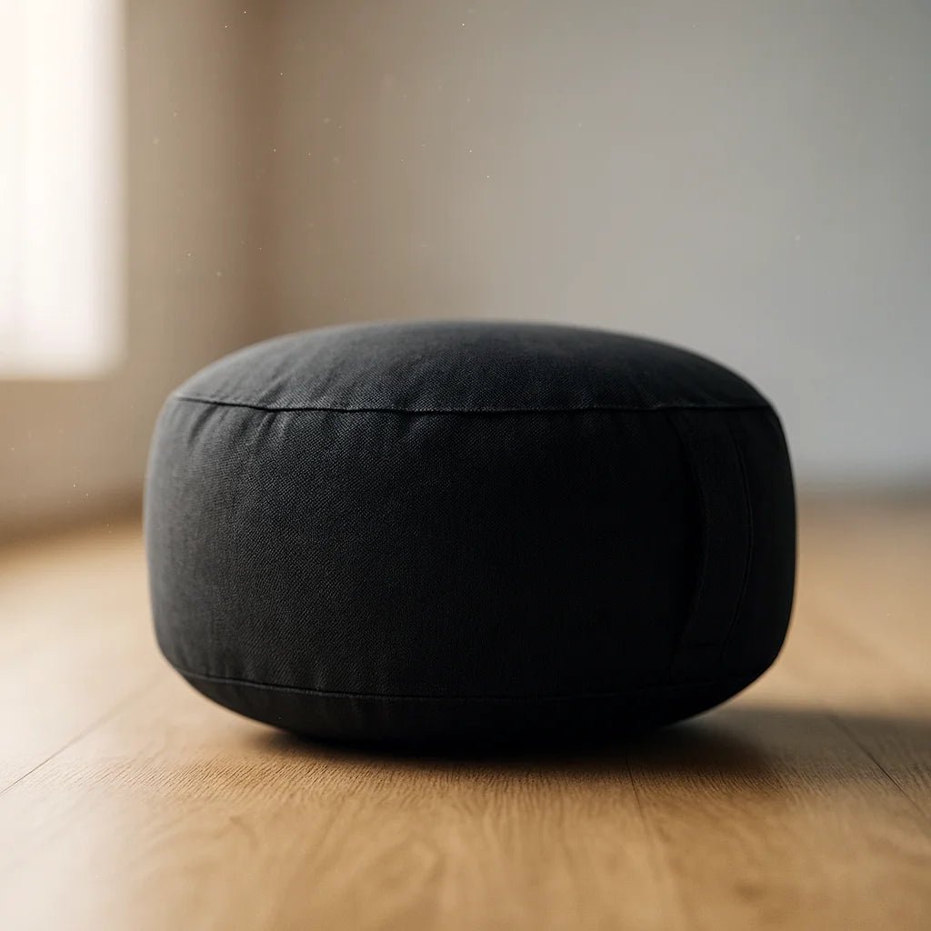 Zafu de meditación de lino afelpado negro ergonómico Portal Yoga.