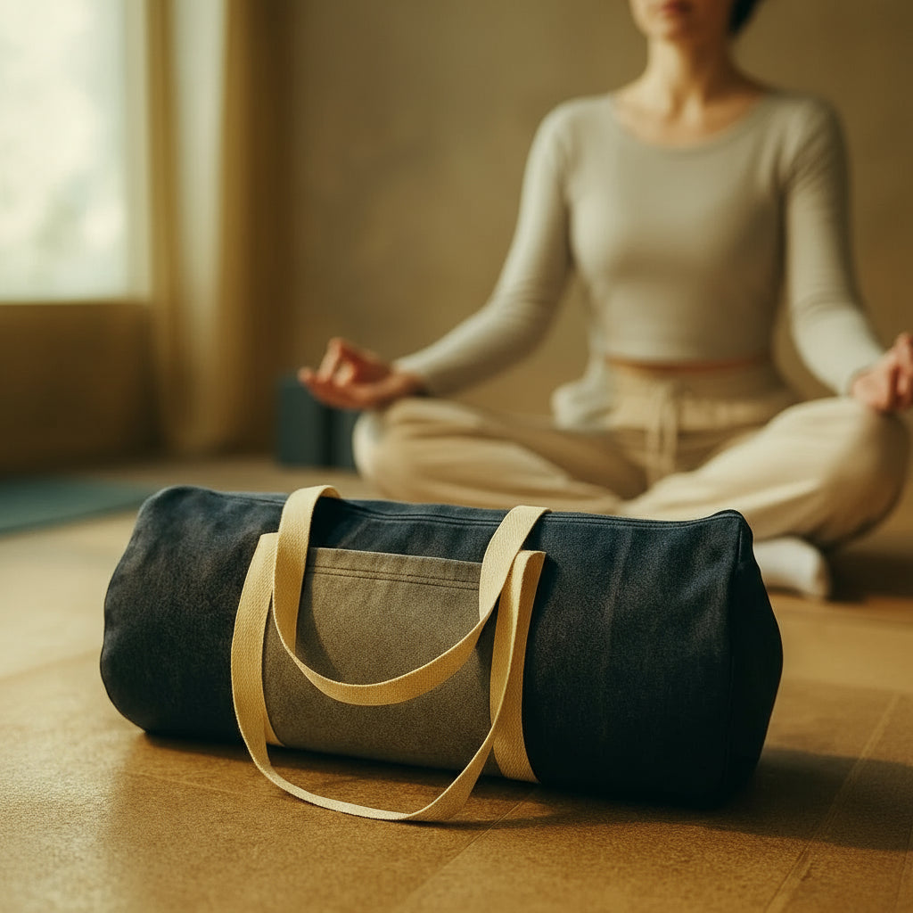 Funda para mat de yoga de denim resistente con bolsillo externo.