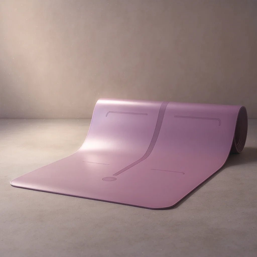 Primer plano de mat de yoga de 5mm de grosor fabricado en caucho natural biodegradable, ideal para protección de articulaciones y estabilidad.