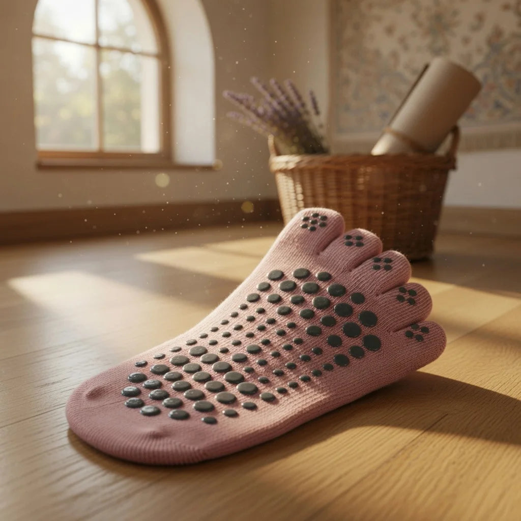 Accesorio de yoga rosado higiénico con 5 dedos para equilibrio.