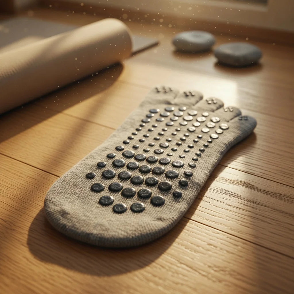 Accesorio de yoga gris minimalista con 5 dedos para equilibrio.