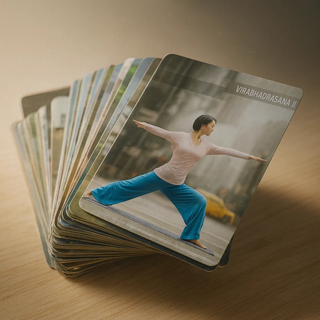 Persona organizando secuencias de yoga usando cartas de asanas en el suelo junto a un mat de yoga.