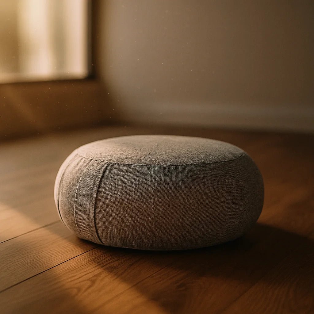 Persona sentada sobre zafu negro corcho granulado postura meditacion – Portalyoga Chile