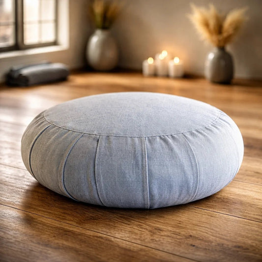 Zafu yoga meditacion celeste corcho granulado 38x13 cm lino pulla – Portalyoga Chile