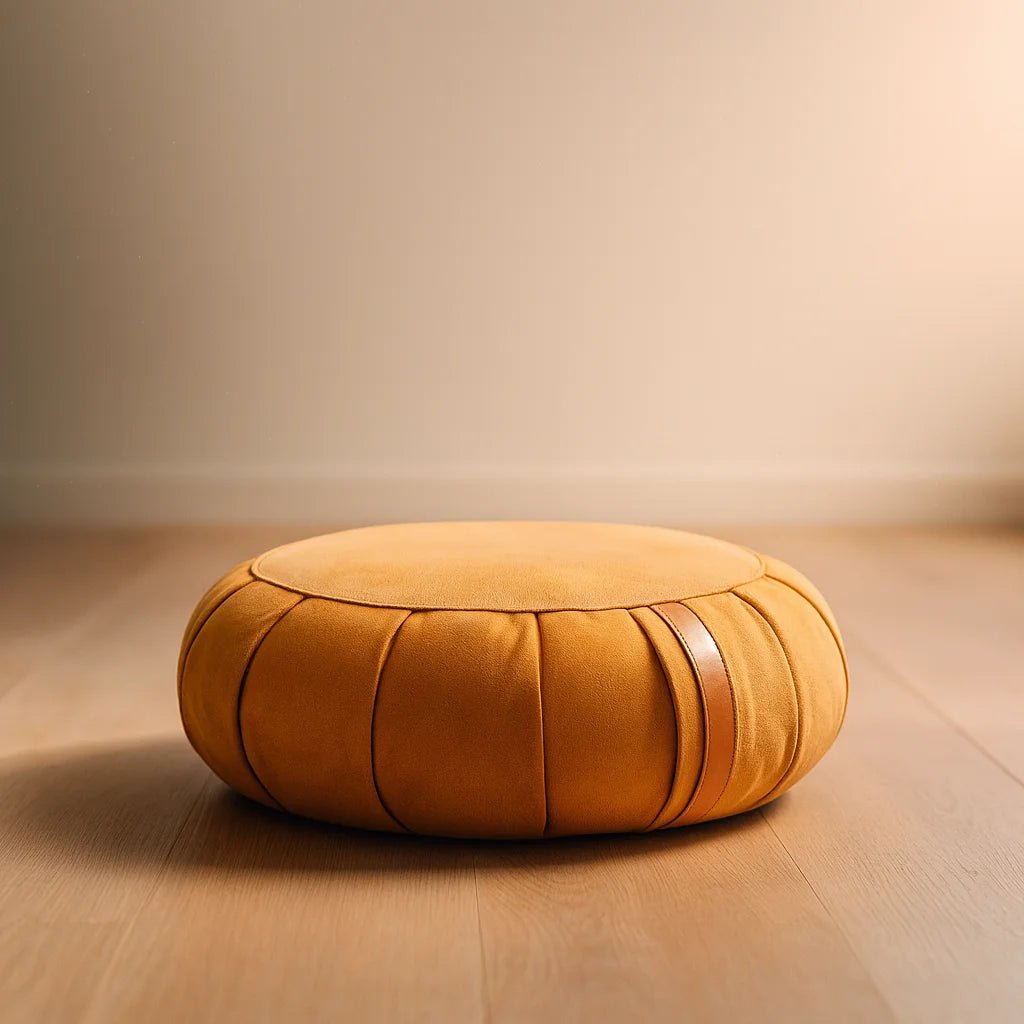 Zafu clásico de meditación color naranjo cúrcuma ecosostenible.